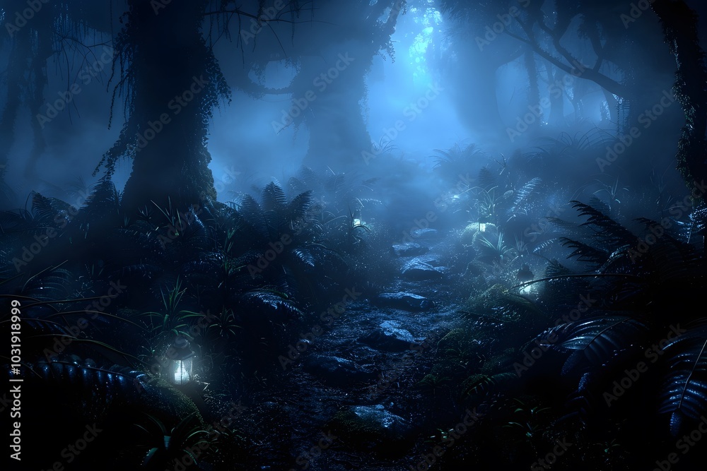 Fototapeta premium Mystical Forest Path with Lanterns at Night Enchanted Atmosphere for Fantasy Design