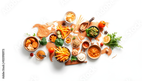 Food around the world collage isolated on white background isolated with white highlights, png