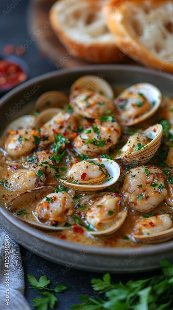 Steamed clams with garlic butter in a bowl. Steamed clams with garlic butter in a bowl.