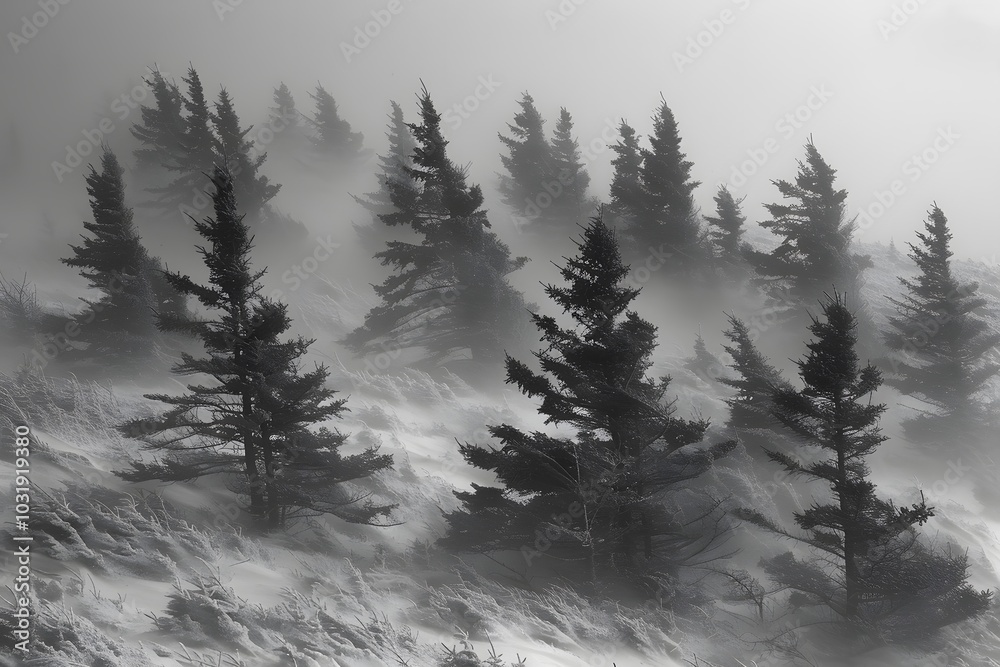 Obraz premium Misty Winter Forest Landscape with Snow-Covered Evergreen Trees on a Foggy Day