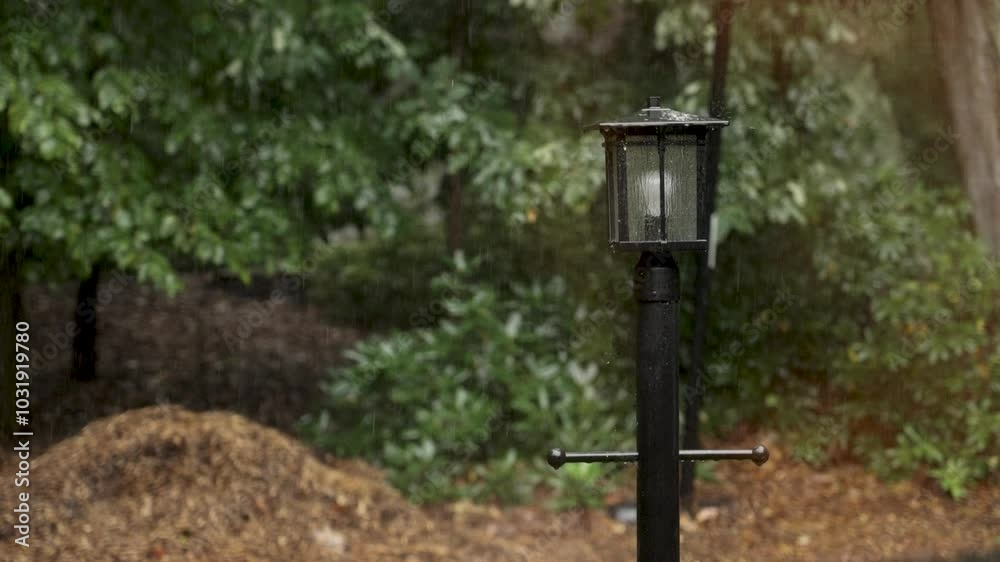 Slow motion look at huge rain drops falling on a lamp post. Slow motion look at huge rain drops falling on a lamp post.