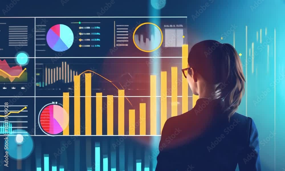 Glasses businesswoman analyzes data displayed on futuristic screen video animation. Digital interface with graphs charts animated footage HD clip motion graphics. Visualization concept