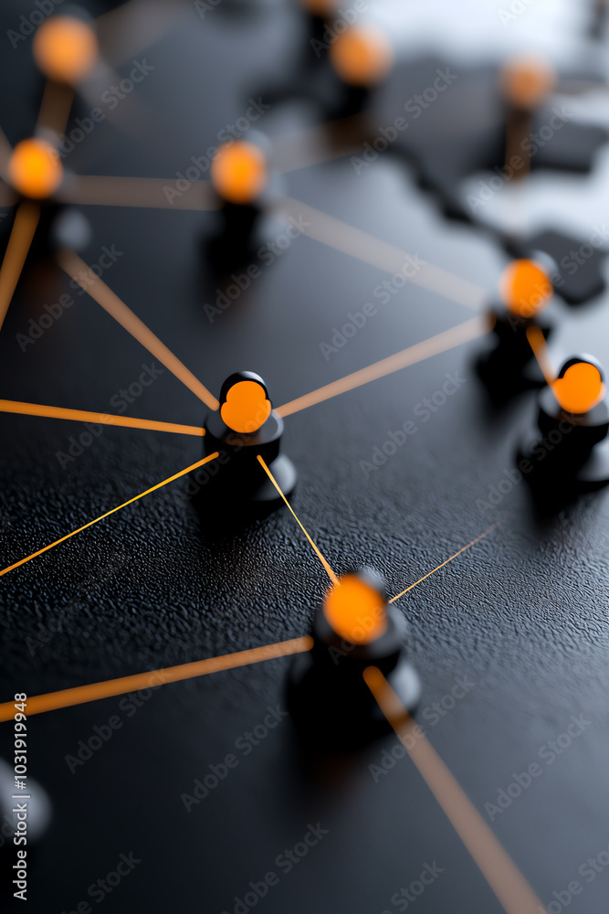 Abstract network connections with orange nodes on a dark surface, symbolizing digital communication and connections.