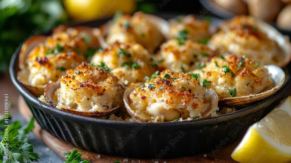 Delicious stuffed clams garnished with parsley. Delicious stuffed clams garnished with parsley.