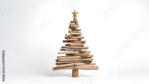 Christmas card. christmas tree design made of wooden branshes on the wihte background with space for text photo