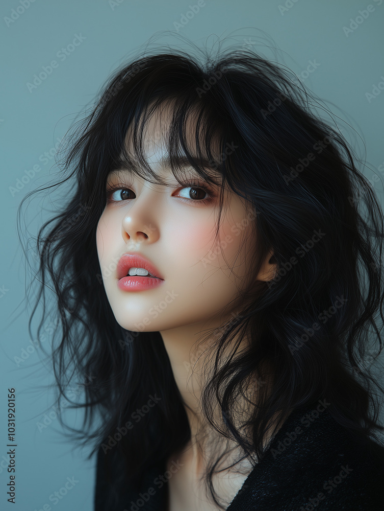 A young woman with wavy black hair poses gracefully against a soft blue background in a serene indoor setting during daylight A young woman with wavy black hair poses gracefully against a soft blue background in a serene indoor setting during daylight