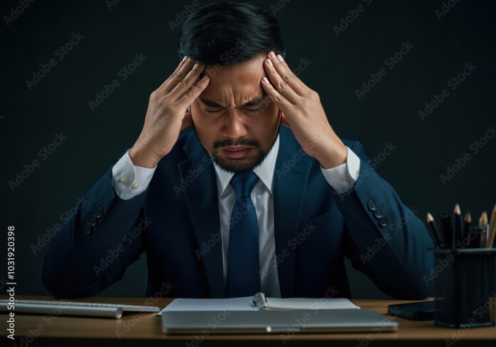 A stressed businessman sitting at a desk in a suit, struggling to concentrate on paperwork during a late night work session