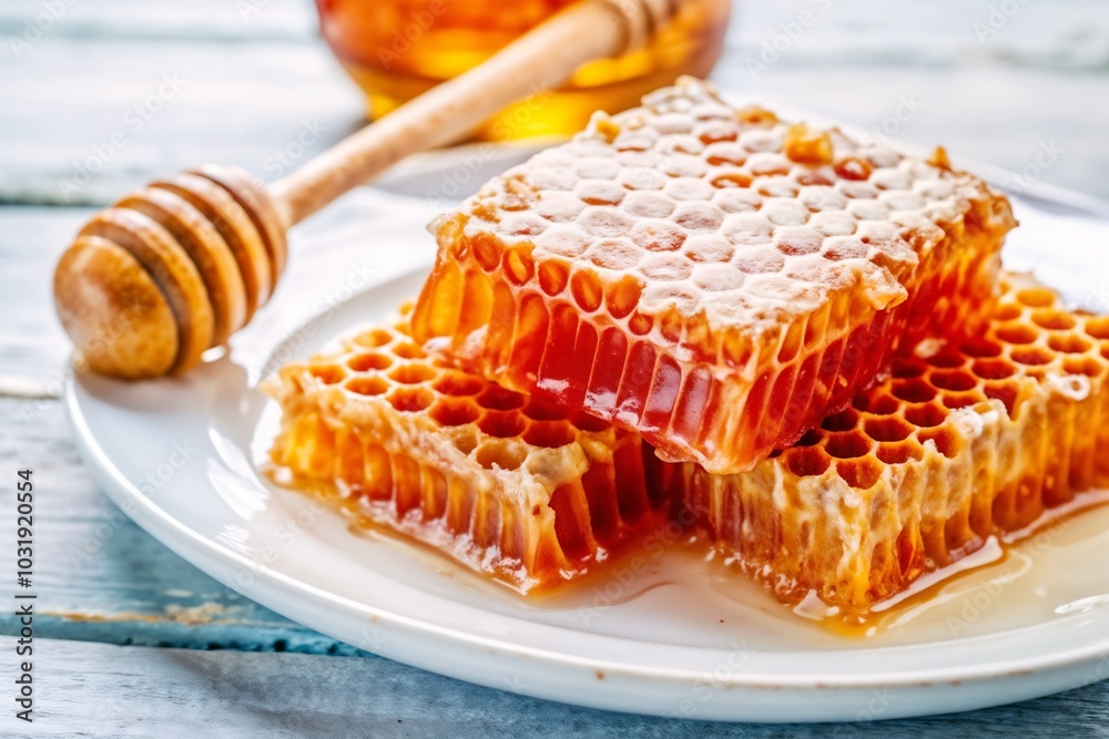 Fresh golden honeycomb with honey drizzled on a white plate and wooden dipper on a rustic background Fresh golden honeycomb with honey drizzled on a white plate and wooden dipper on a rustic background