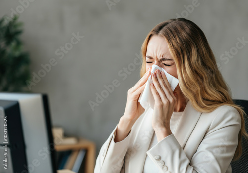 Woman sneezing in the office while sitting at her desk during a busy workday, showing signs of discomfort and illness in a professional environment