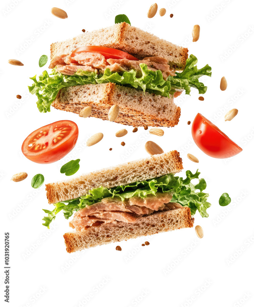 Tuna sandwich with fresh lettuce tomato slices on transparent background Tuna sandwich with fresh lettuce tomato slices on transparent background