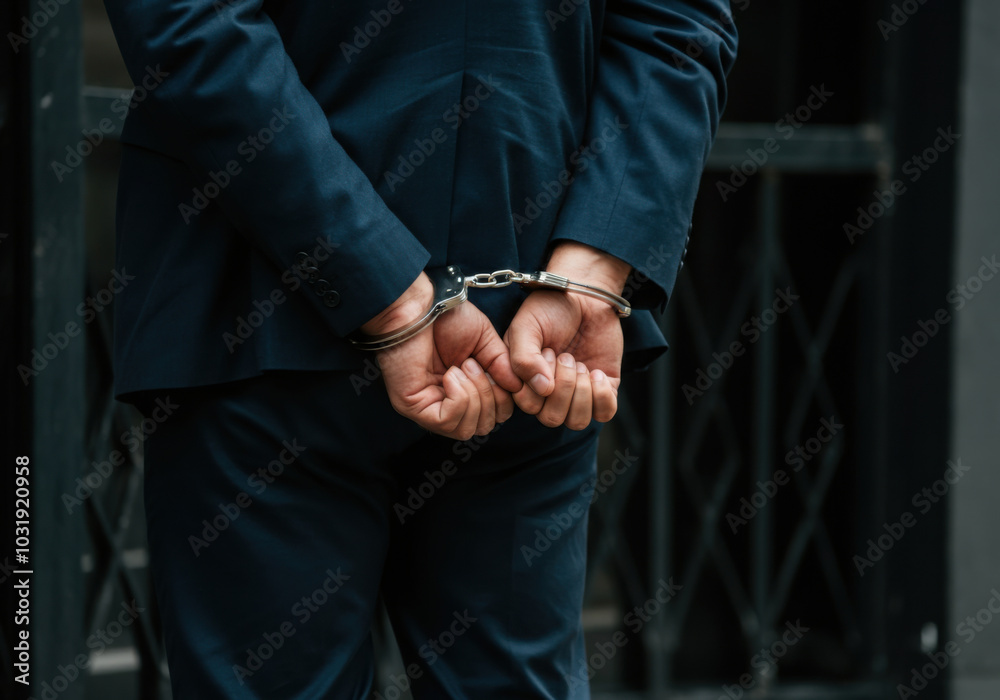 Businessman in handcuffs standing outdoors, arrested in a suit in an urban setting during daylight Businessman in handcuffs standing outdoors, arrested in a suit in an urban setting during daylight