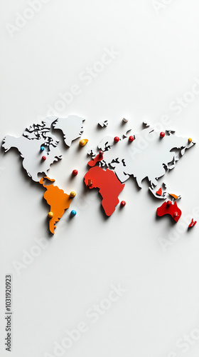 Colorful world map cutout with a white background, showcasing various continents in vibrant hues.