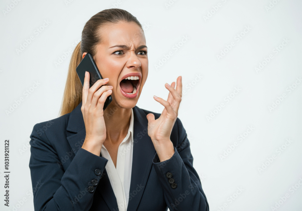 Businesswoman expressing frustration on a phone call in a professional setting Businesswoman expressing frustration on a phone call in a professional setting