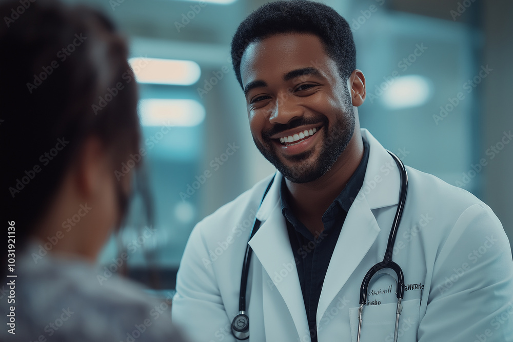 A man in a white coat is smiling at a woman A man in a white coat is smiling at a woman