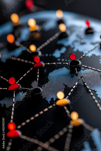 Conceptual network connections illustrated on a globe with colorful markers linking different locations. photo