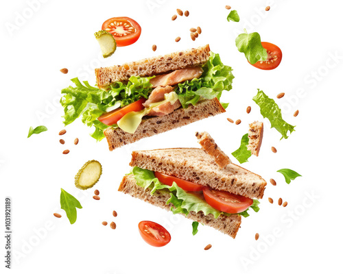 Tuna sandwich with fresh lettuce tomato slices on transparent background