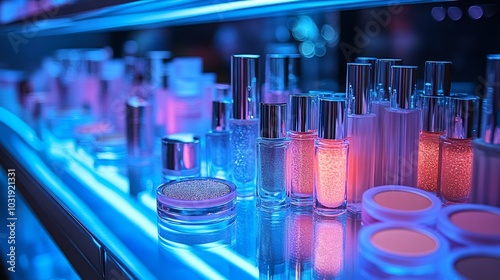 Makeup display icy cool tones featuring shimmering silver eyeshadows frosty lip glosses translucent highlighters neatly arranged on a glass counter under soft diffused blue lighting photo