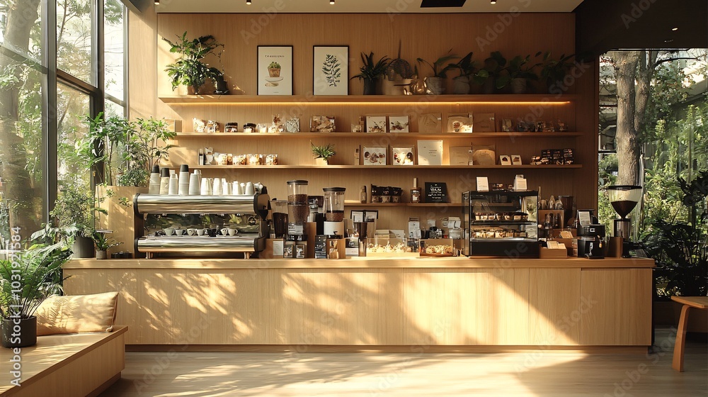 Modern Café Interior with Natural Elements and Greenery Modern Café Interior with Natural Elements and Greenery