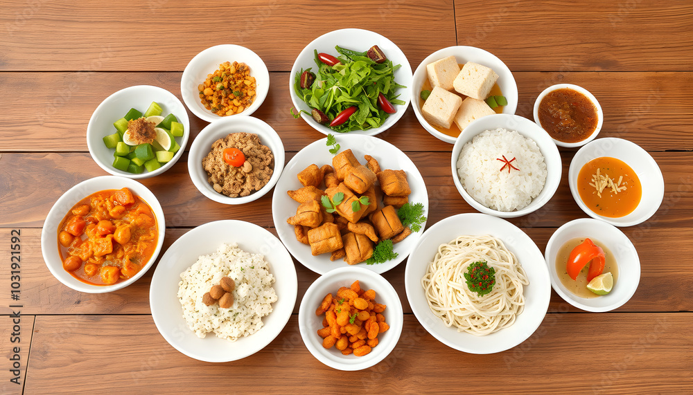 there are a lot of dishes on the wooden table isolated with white highlights, png there are a lot of dishes on the wooden table isolated with white highlights, png