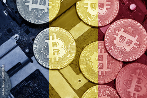 flag of chad on the bitcoins with computer electronic circuit board background. bitcoin concept. photo