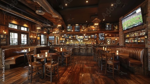 Cozy bar interior with wooden decor, seating, and multiple screens for sports viewing.