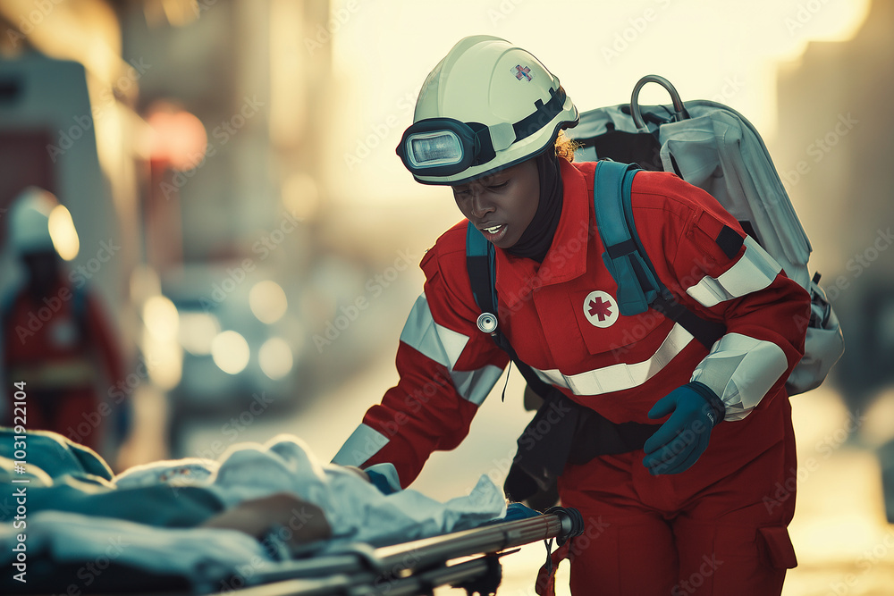 A woman in a red and white uniform is helping a person on a stretcher A woman in a red and white uniform is helping a person on a stretcher