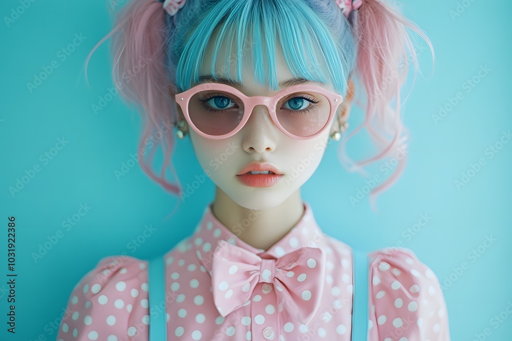 Close-up portrait of manga style girl with blue and pink hair