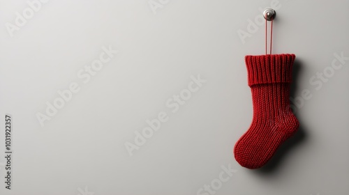 Red stocking suspended from a hook against a neutral backdrop, evoking a cozy holiday atmosphere and festive spirit. photo