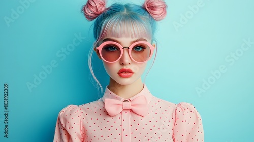 Fashion portrait of a manga style girl with pastel blue and pink hair
