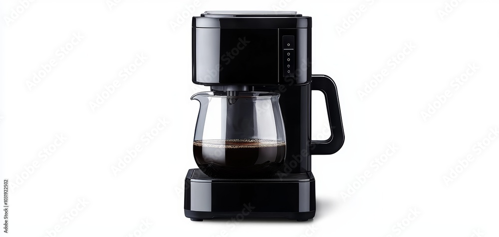 A sleek black coffee maker with a glass carafe, showing the brewing process in action, isolated on white A sleek black coffee maker with a glass carafe, showing the brewing process in action, isolated on white