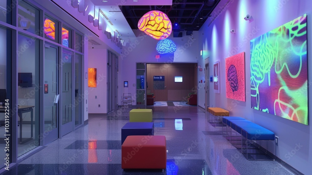 Modern science center hallway with illuminated brain art and colorful seating Modern science center hallway with illuminated brain art and colorful seating