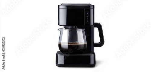 A sleek black coffee maker with a glass carafe, showing the brewing process in action, isolated on white