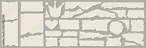 Collection of white torn paper textures on gray background vector 10 eps