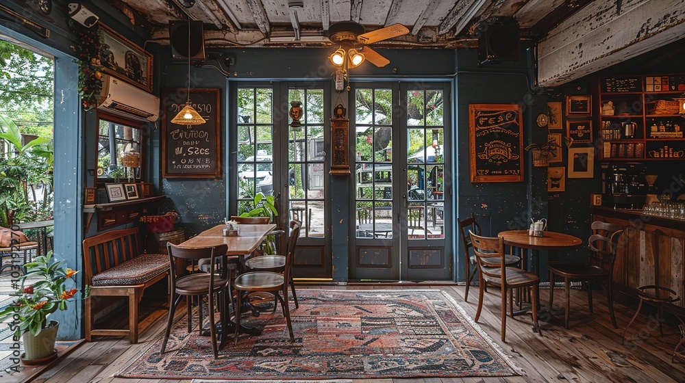 Cozy caf? interior with wooden furniture, plants, and a welcoming atmosphere. Cozy caf? interior with wooden furniture, plants, and a welcoming atmosphere.