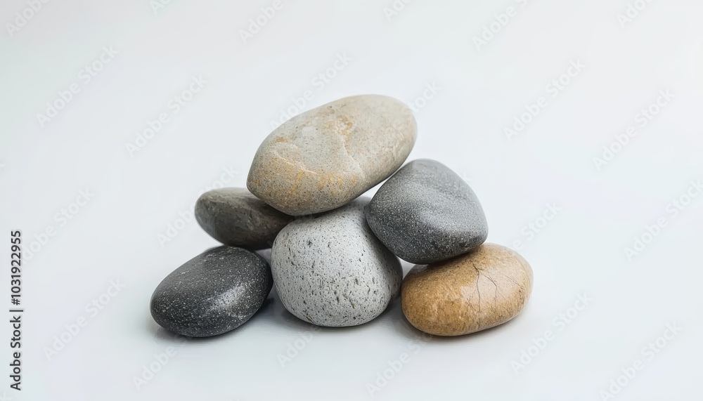 A small pile of smooth, polished pebbles in various shades of grey, isolated on a white surface A small pile of smooth, polished pebbles in various shades of grey, isolated on a white surface