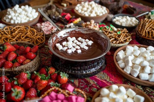 chocolate fondue pot surrounded by an assortment of dippables like strawberries, marshmallows, and pretzels