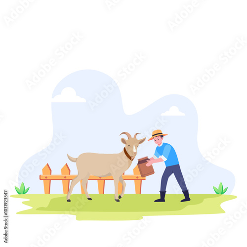 Farmer feeding farm animals, Flat cartoon vector illustration.