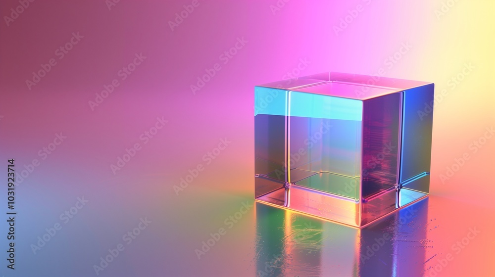 An isolated cube reflecting an array of vibrant colors on a minimalist background. An isolated cube reflecting an array of vibrant colors on a minimalist background.