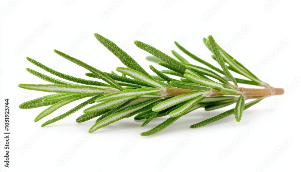 A sprig of rosemary with its needle-like leaves, isolated on a clean white surface A sprig of rosemary with its needle-like leaves, isolated on a clean white surface