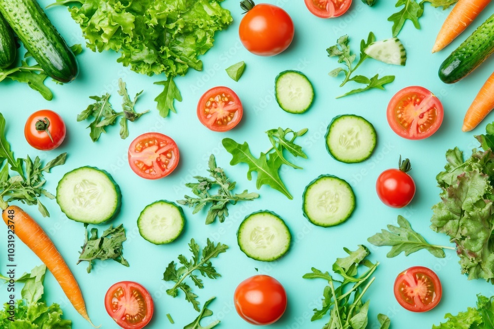 assortment of vegetables commonly used in salads--like cherry tomatoes, cucumbers, carrots, and leafy greens--on a bright pastel background