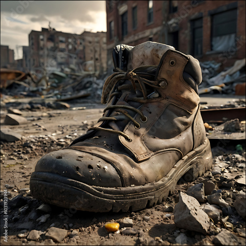 boots with ruined city view