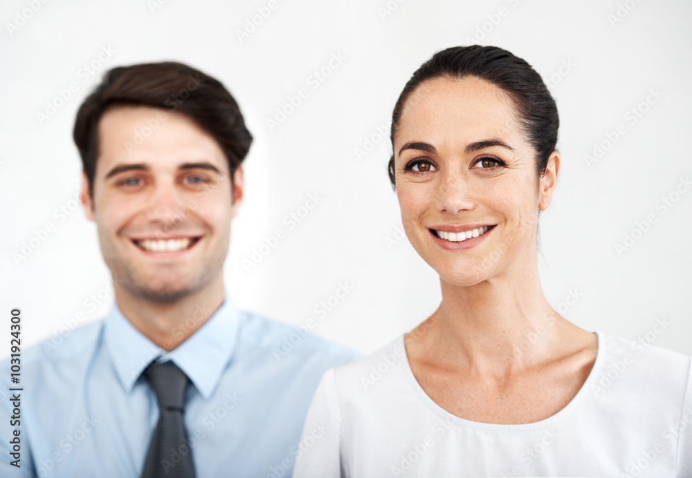 Happy woman, portrait or partner in studio for business, ambition or management in company. People, coworkers or smile on white background for job opportunity, professional attitude or career growth Happy woman, portrait or partner in studio for business, ambition or management in company. People, coworkers or smile on white background for job opportunity, professional attitude or career growth