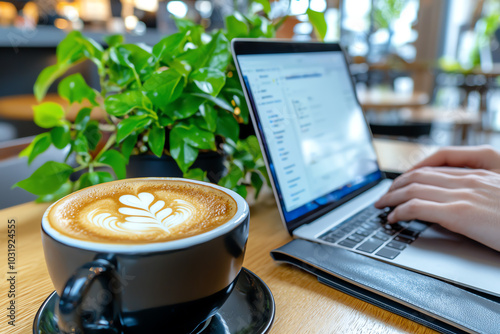 Coffee, laptop, and plant on a cafe table. photo