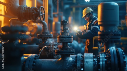 Industrial worker checking machinery photo