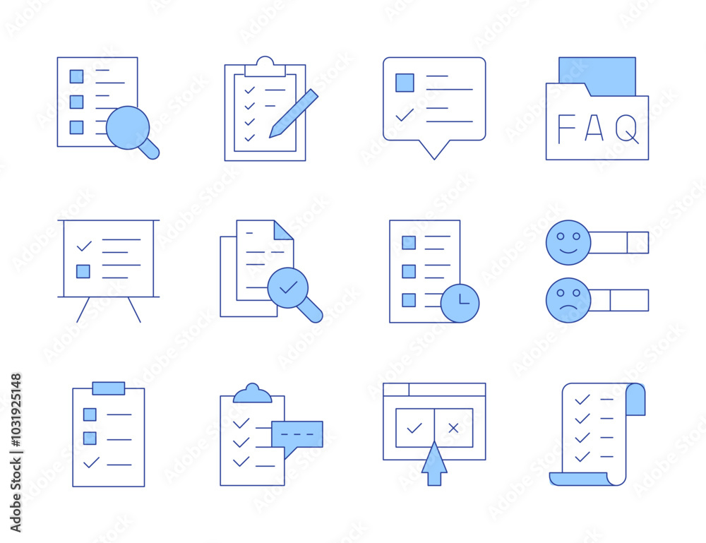 Survey icons. Line Duotone style, editable stroke. checklist, clipboard, survey, search survey, online survey, document, faq Survey icons. Line Duotone style, editable stroke. checklist, clipboard, survey, search survey, online survey, document, faq