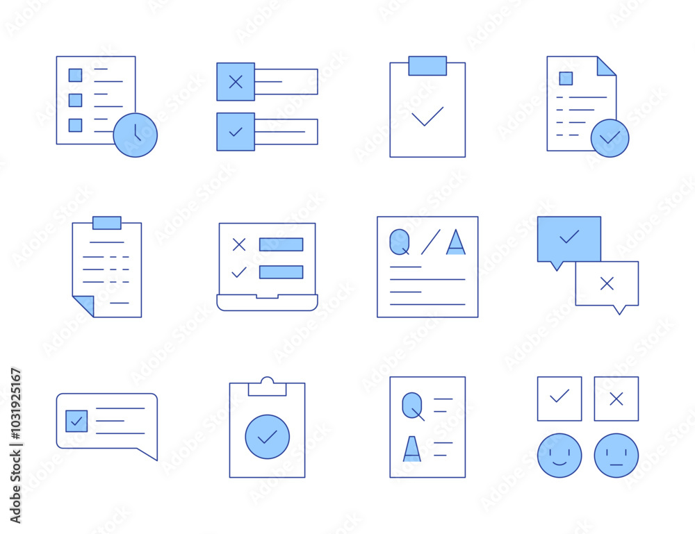 Survey icons. Line Duotone style, editable stroke. question, survey, task, poll, statistics, compliance, clipboard Survey icons. Line Duotone style, editable stroke. question, survey, task, poll, statistics, compliance, clipboard