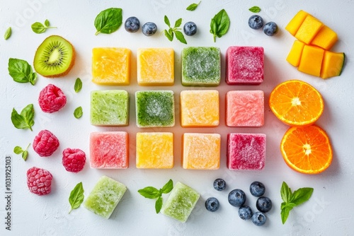 Show frozen smoothie cubes in various colors (pink, green, orange) on a bright, clean background photo