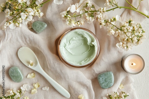 open cream jar with a small spatula and an array of skincare tools like jade rollers and gua sha stones