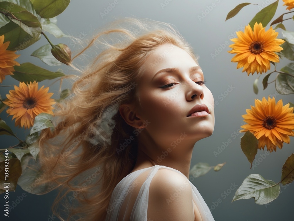 double exposure women, flowers and leaves. AI Generative