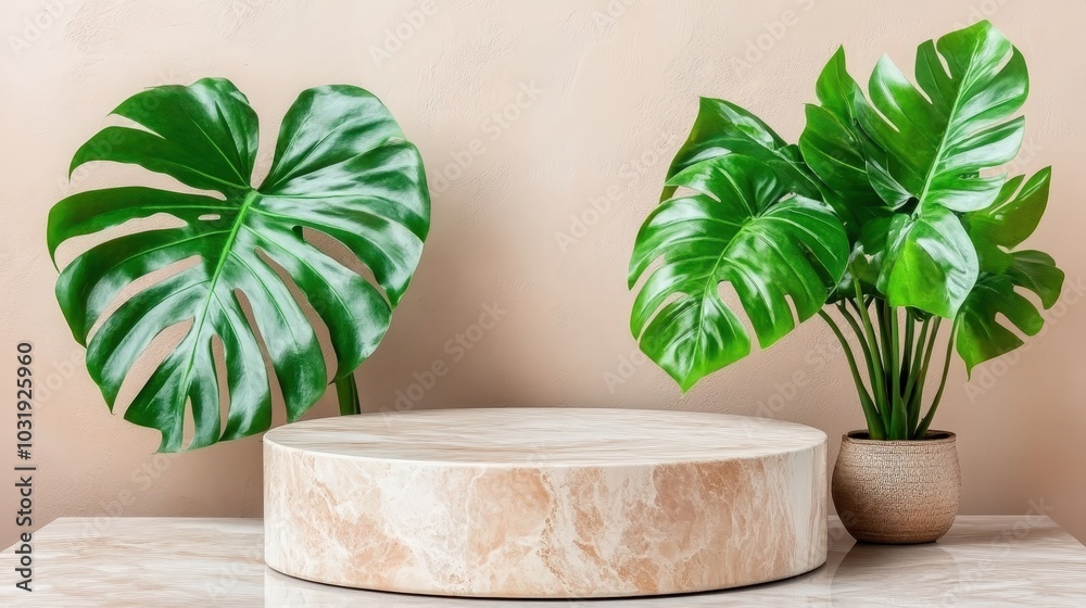 Modern Display with Green Plants and Marble Stand Modern Display with Green Plants and Marble Stand